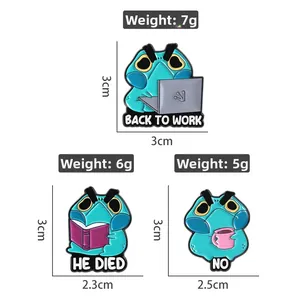 Detailed view of frog enamel pins set showing size and weight for various cute designs