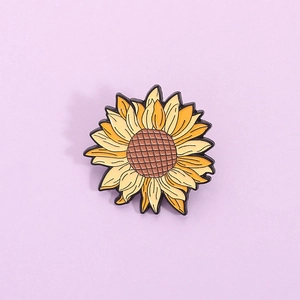 Broche Émaillée Tournesol Badge Floral en Alliage Accessoires de Vêtements Veste Style Rétro Ornement Fleur Jaune Orange pour Femmes