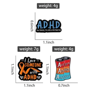 Detailed view of neurodiversity enamel pins with precise dimensions and weight measurements
