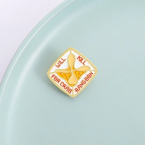 Rhombic enamel pin featuring Crab Rangoon with 'Will Kill for Crab Rangoon' text