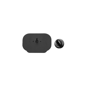 Detailed back view of a black lapel pin with its rubber clutch fastener and needle