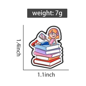 Detail view of cartoon girl reading on books enamel pin with 1.4x1.1 inch dimensions