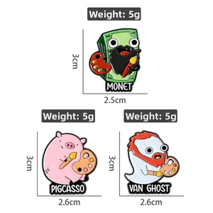 Dimensions des broches en émail montrant Monet et Picasso cochon de 3cm de haut