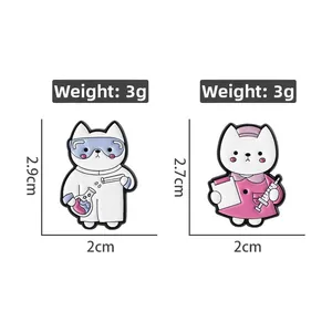 Detail view of cat nurse and doctor enamel pins with weight and size specifications