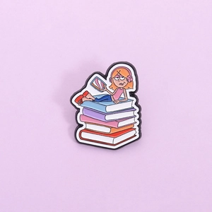 Cartoon Reading Girl On Colorful Books Enamel Brooch Personalized Alloy Badge Lapel Pin Jewelry Gift For Students Women