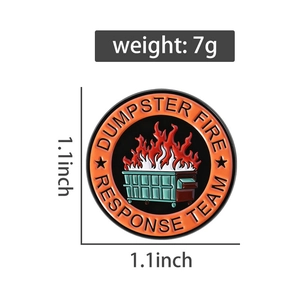 Detailed view of enamel dumpster fire badge with 1.1 inch diameter and 7g weight