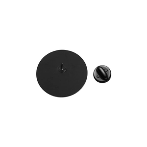 Back view of black round metal badge featuring sharp pin and rubber butterfly clasp