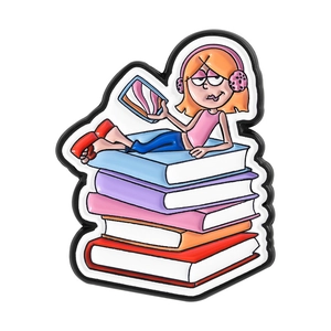 Cartoon girl with pink earmuffs reading on colorful books creative metal brooch badge