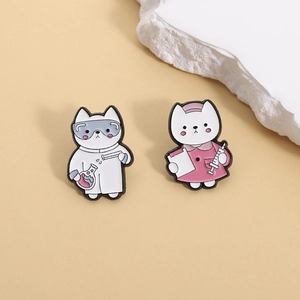 Cute enamel pins of a cat scientist and nurse in professional outfits for healthcare workers