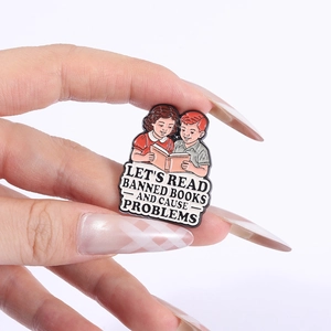 Detail of Let's Read Banned Books enamel pin featuring retro kids on metal badge