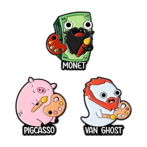Trois broches en émail créatives représentant les personnages Monet, Pigcasso et Van Ghost