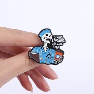 Detailed close-up of a skeleton nurse enamel pin with living laughing leaving ama text