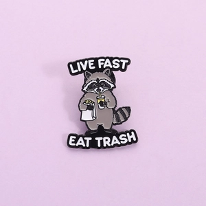 Funny Cartoon Raccoon Enamel Brooch Pin Live Fast Eat Trash Humorous Animal Badge Zinc Alloy Clothes Backpack Decoration