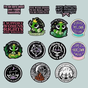 13-piece feminist enamel pins set featuring black cat and gothic witch designs