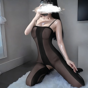 Seductive black sheer mesh bodysuit lingerie with thin straps and a transparent design