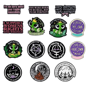 Set of 14 creative enamel pins featuring feminist and witchy metal badge designs