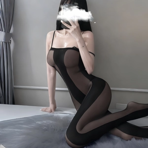 Seductive black translucent mesh bodysuit with fine straps shown on a plush grey mat
