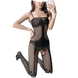Black lace bodysuit fishnet stockings with floral patterns and open crotch design