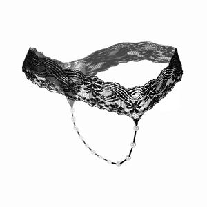 Perizoma sexy in pizzo nero da donna con elegante catena decorativa di perle bianche