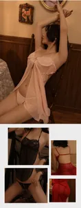 Detailed view of sheer mesh lace nightgowns with front buckles and open back design