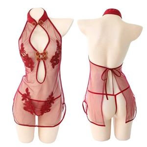 Ensemble lingerie transparent rouge foncé style cheongsam avec dentelle et dorures