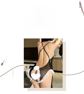 Detailed close-up of bunny-style lace bodysuit with mesh texture and white lace trim