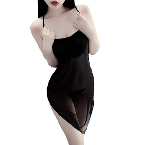 Sexy black sheer mesh chemise nightgown with delicate spaghetti straps for women