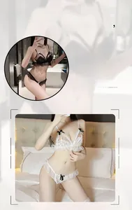 Lace lingerie set featuring floral mesh bra with bow accents and pearl pendant details