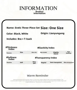 Detailed size chart and product specifications for erotic lingerie three-piece set