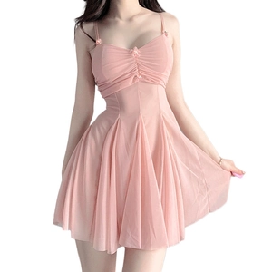 Sottoveste sexy in mesh rosa con fiori decorativi e orlo svasato per donna