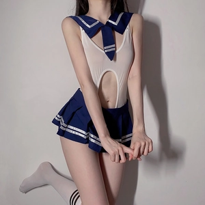 Atuendo de Lencería Sexy de Uniforme de Marinero Cosplay para Mujer Azul Marino Blanco Recorte Disfraz de Juego de Rol JK