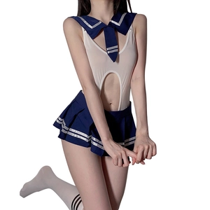 Conjunto de lencería sexy de marinera con body blanco y minifalda plisada