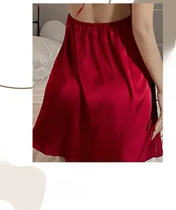 Close-up of red silk ice fiber nightgown featuring backless cut and waist pleat details