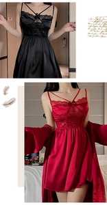 Close-up of V-neck lace patchwork and satin fabric on elegant nightgown sets
