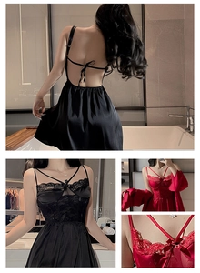 Detailed back view of lace-trimmed satin nightgown with cross-tie and bow decoration