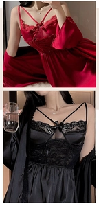 Detailed eyelash lace splicing and silk satin texture on red and black nightgowns