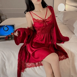 Women Sexy Lace Satin Lingerie Set Lace Splicing Bow Nightgown Robe Slip Dress For Valentine Day Top And Bottom