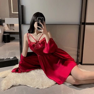 Red silk satin nightgown set with lace trim featuring a matching robe and slip dress