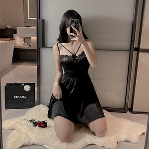 Elegant black ice silk sleepwear set with lace trim and satin finish shown in mirror selfie