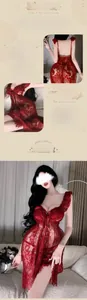 Detailed view of red sexy lace lingerie with deep V-neck and delicate bow decoration