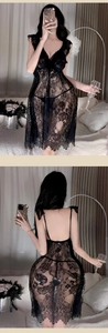 Detailed view of sheer black floral lace nightdress with delicate eyelash lace trim