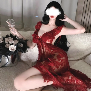 Women Sexy Lace Sheer Lingerie Babydoll V Neck Bowknot Seductive Sleepwear Backless Nightgown For Valentine Day Honeymoon Night