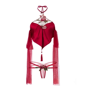 Detailed embroidery on red silk lingerie set with mesh sleeves and tassel accents