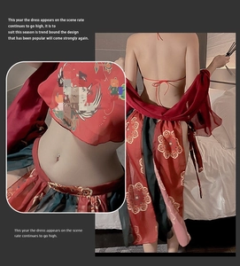 Detail eines roten chinesischen Dessous-Sets mit Blumenmuster und Schlitzrock