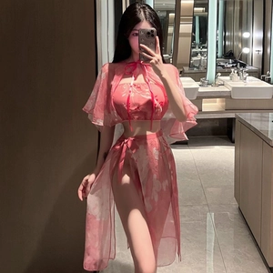 Pyjama Hanfu sexy en maille rose 3 pièces avec châle à manches évasées et jupe longue fendue