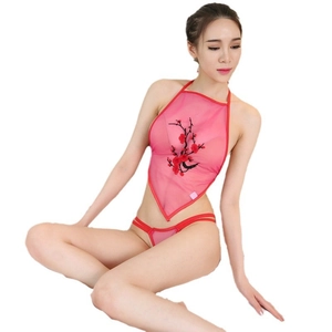 Pink sheer mesh lingerie set with classical plum blossom embroidery and halter neck top