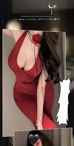 Detail showing the deep V-neckline of a red bodycon dress with rose choker accessory