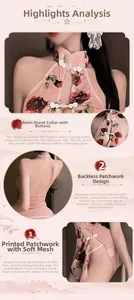 Detail of pink floral cheongsam with vintage stand collar and sexy open back design