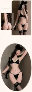 Ensemble bikini trois pièces noir en dentelle avec serre-tête oreilles de chat et bas