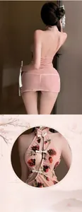 Detail view of pink rose print mesh cheongsam lingerie with white frog buttons and open back